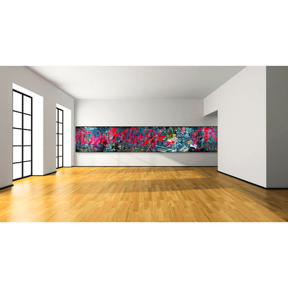 Overlapping multiple exposure shot on film of art installation appearing to be graffiti