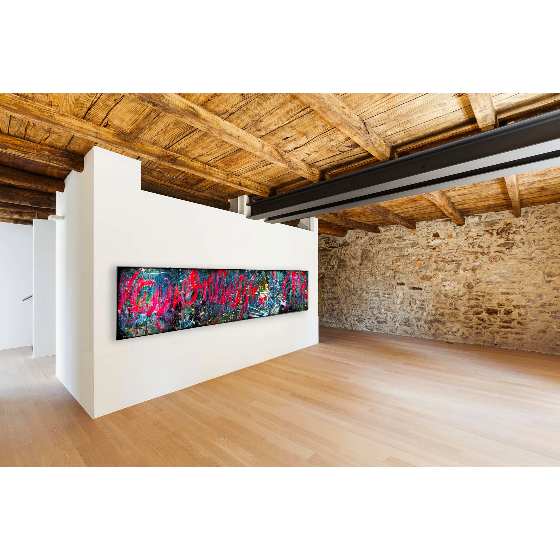 Overlapping multiple exposure shot on film of art installation appearing to be graffiti