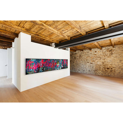 Overlapping multiple exposure shot on film of art installation appearing to be graffiti