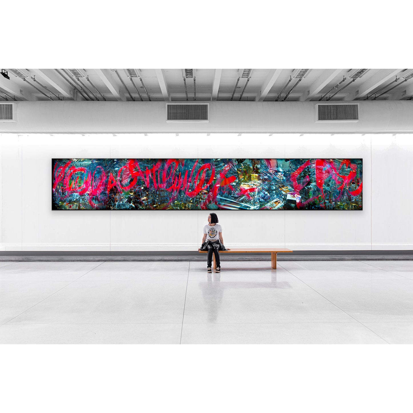 Overlapping multiple exposure shot on film of art installation appearing to be graffiti