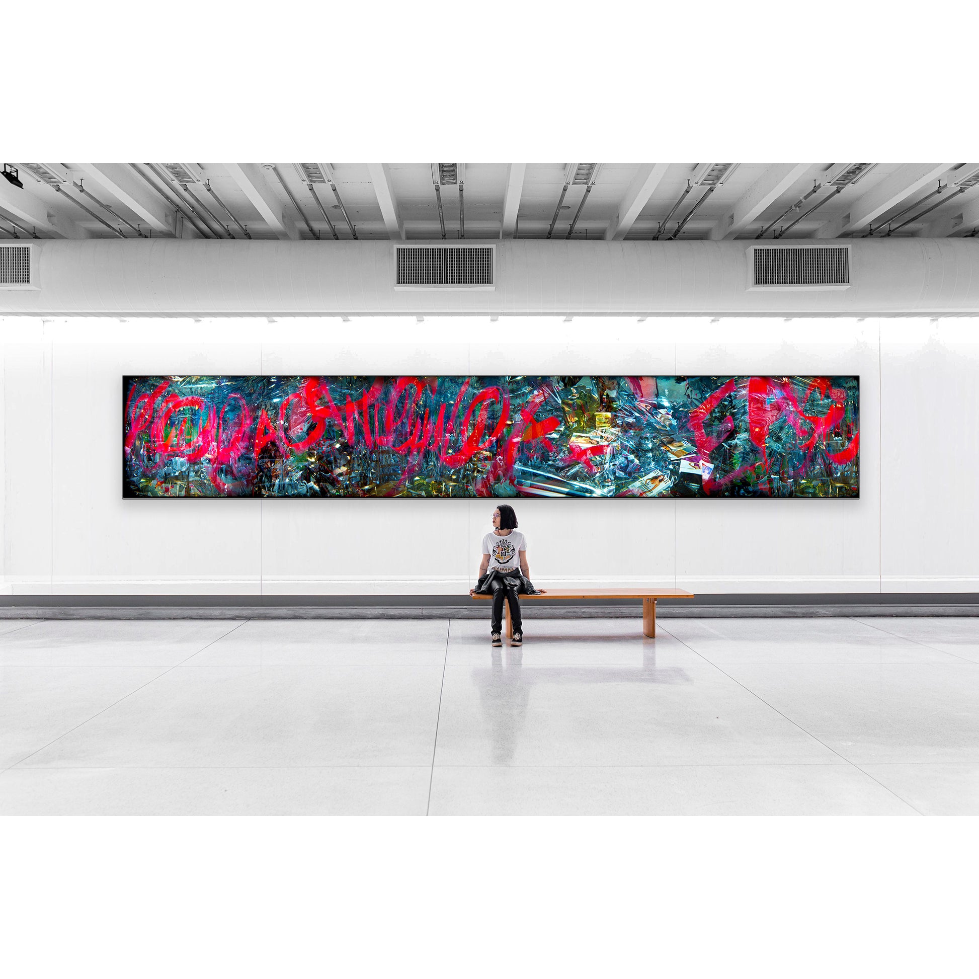 Overlapping multiple exposure shot on film of art installation appearing to be graffiti