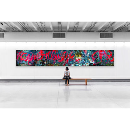 Overlapping multiple exposure shot on film of art installation appearing to be graffiti