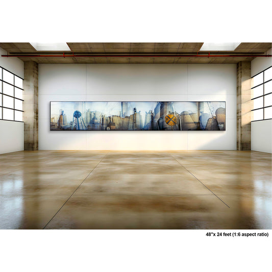 Prairie City Grain Elevator artwork by Susan Bowen, shown as 48" high acrylic print. Features panoramic multi-exposure photograph of Prairie City, Iowa's grain elevators and silos, evoking the monumental scale and graphic quality of WPA murals.