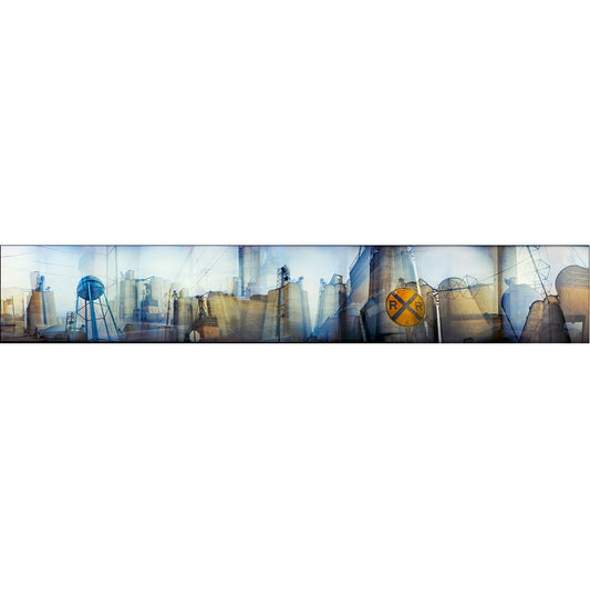Prairie City Grain Elevator artwork by Susan Bowen. Features panoramic multi-exposure photograph of Prairie City, Iowa's grain elevators and silos, evoking the monumental scale and graphic quality of WPA murals.