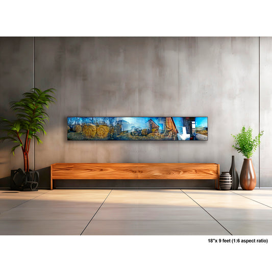 Farm and Hay artwork by Susan Bowen, shown as 18" high acrylic print. Features panoramic multi-exposure photograph of an Iowa farm, layering hay bales, tractors, and barns into a vivid, dreamlike rural composition.