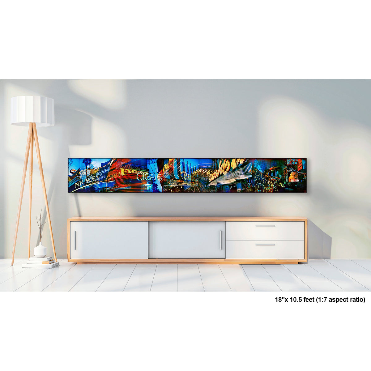 Lights of Fremont, Golden Nugget artwork by Susan Bowen, shown as 18" high acrylic print. Features panoramic multi-exposure photograph of Fremont Street, Las Vegas, layering neon signs, casino marquees, and reflections into a vibrant nocturnal composition.