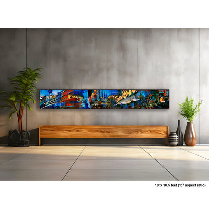 Lights of Fremont, Golden Nugget artwork by Susan Bowen, shown as 18" high acrylic print. Features panoramic multi-exposure photograph of Fremont Street, Las Vegas, layering neon signs, casino marquees, and reflections into a vibrant nocturnal composition.