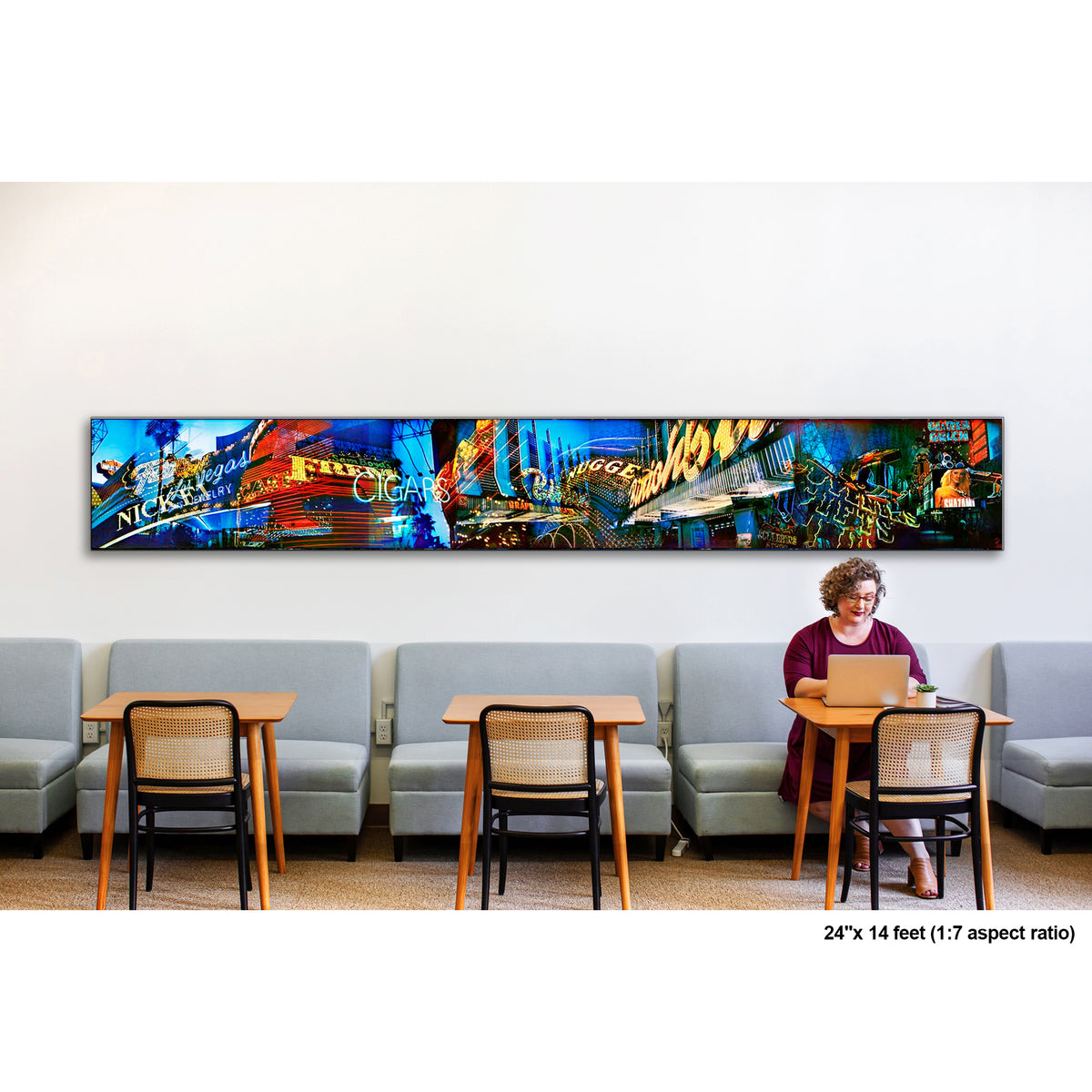 Lights of Fremont, Golden Nugget artwork by Susan Bowen, shown as 24" high acrylic print. Features panoramic multi-exposure photograph of Fremont Street, Las Vegas, layering neon signs, casino marquees, and reflections into a vibrant nocturnal composition.