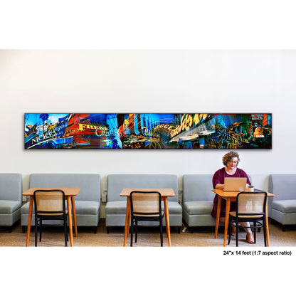 Lights of Fremont, Golden Nugget artwork by Susan Bowen, shown as 24" high acrylic print. Features panoramic multi-exposure photograph of Fremont Street, Las Vegas, layering neon signs, casino marquees, and reflections into a vibrant nocturnal composition.