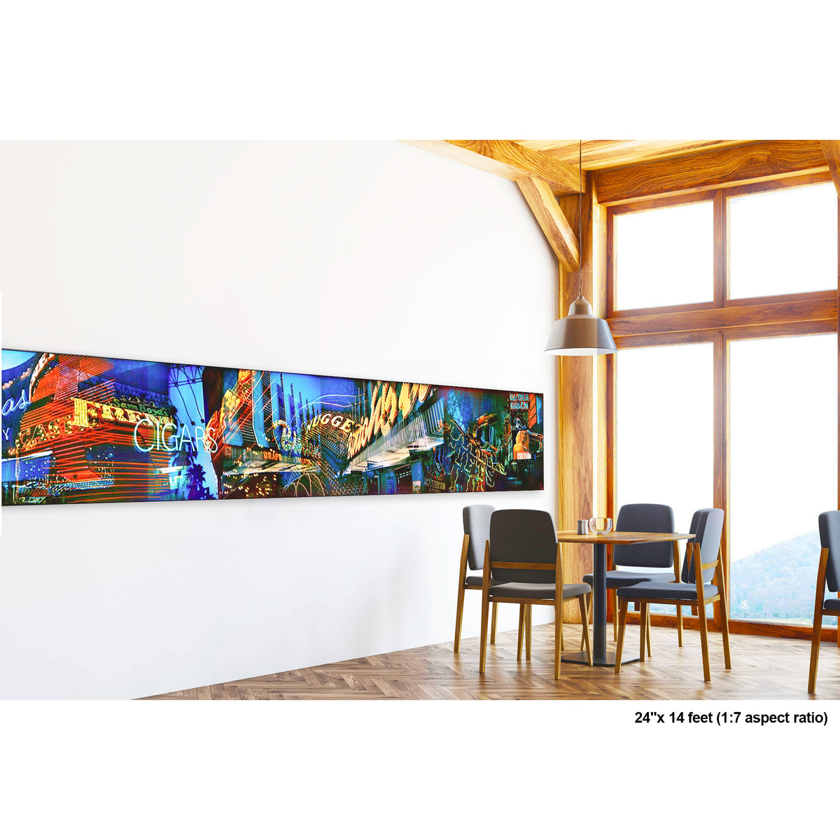 Lights of Fremont, Golden Nugget artwork by Susan Bowen, shown as 24" high acrylic print. Features panoramic multi-exposure photograph of Fremont Street, Las Vegas, layering neon signs, casino marquees, and reflections into a vibrant nocturnal composition.