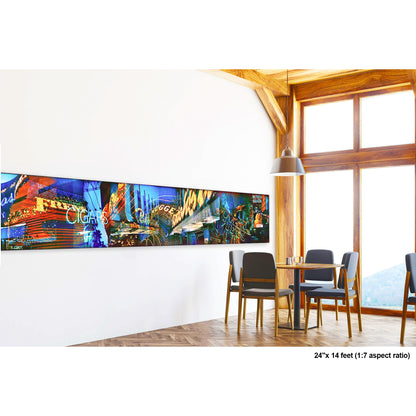 Lights of Fremont, Golden Nugget artwork by Susan Bowen, shown as 24" high acrylic print. Features panoramic multi-exposure photograph of Fremont Street, Las Vegas, layering neon signs, casino marquees, and reflections into a vibrant nocturnal composition.