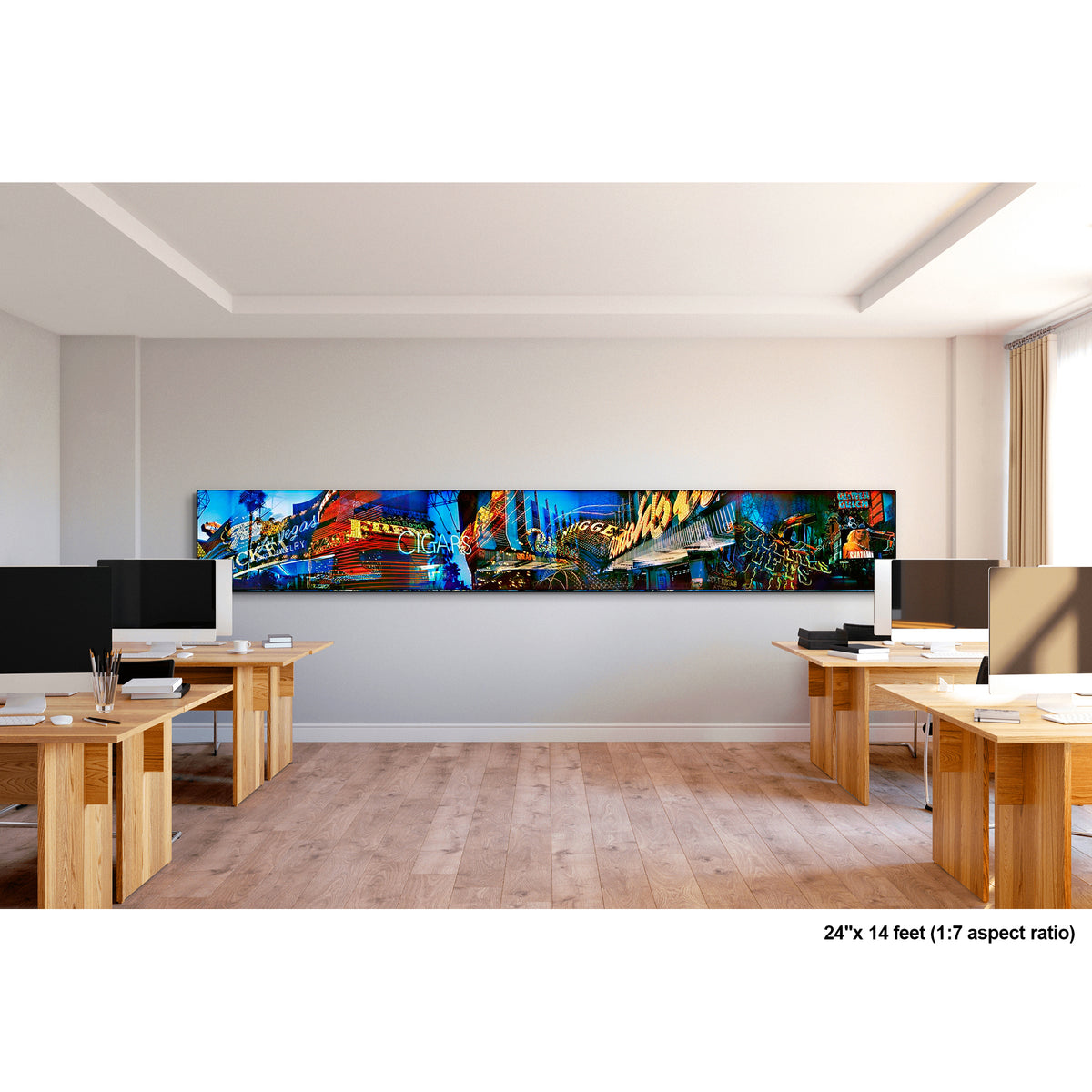 Lights of Fremont, Golden Nugget artwork by Susan Bowen, shown as 24" high acrylic print. Features panoramic multi-exposure photograph of Fremont Street, Las Vegas, layering neon signs, casino marquees, and reflections into a vibrant nocturnal composition.