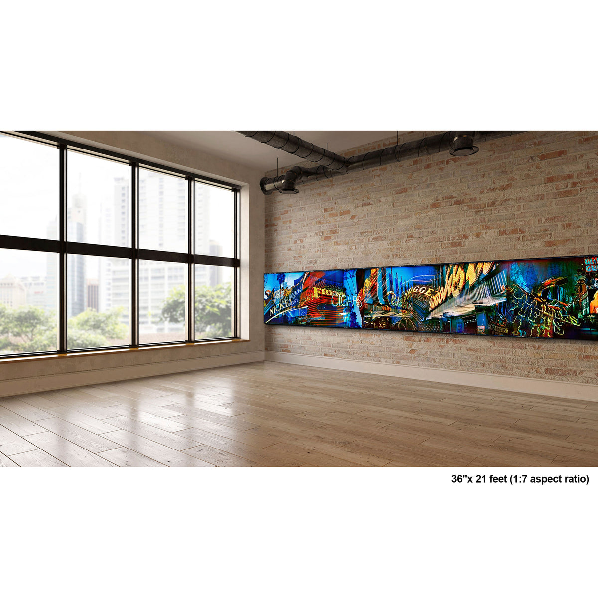 Lights of Fremont, Golden Nugget artwork by Susan Bowen, shown as 36" high acrylic print. Features panoramic multi-exposure photograph of Fremont Street, Las Vegas, layering neon signs, casino marquees, and reflections into a vibrant nocturnal composition.