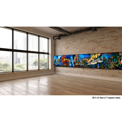 Lights of Fremont, Golden Nugget artwork by Susan Bowen, shown as 36" high acrylic print. Features panoramic multi-exposure photograph of Fremont Street, Las Vegas, layering neon signs, casino marquees, and reflections into a vibrant nocturnal composition.