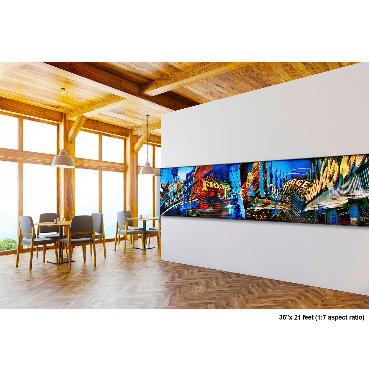 Lights of Fremont, Golden Nugget artwork by Susan Bowen, shown as 36" high acrylic print. Features panoramic multi-exposure photograph of Fremont Street, Las Vegas, layering neon signs, casino marquees, and reflections into a vibrant nocturnal composition.