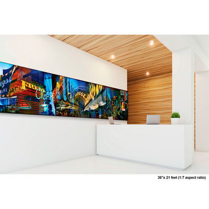 Lights of Fremont, Golden Nugget artwork by Susan Bowen, shown as 36" high acrylic print. Features panoramic multi-exposure photograph of Fremont Street, Las Vegas, layering neon signs, casino marquees, and reflections into a vibrant nocturnal composition.