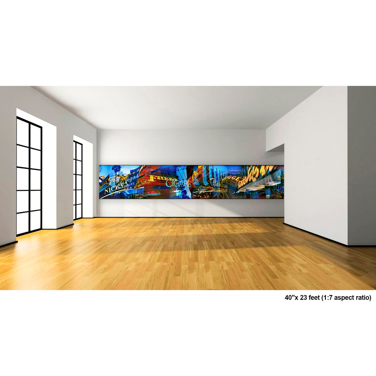 Lights of Fremont, Golden Nugget artwork by Susan Bowen, shown as 40" high acrylic print. Features panoramic multi-exposure photograph of Fremont Street, Las Vegas, layering neon signs, casino marquees, and reflections into a vibrant nocturnal composition.