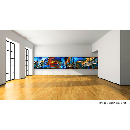 Lights of Fremont, Golden Nugget artwork by Susan Bowen, shown as 40" high acrylic print. Features panoramic multi-exposure photograph of Fremont Street, Las Vegas, layering neon signs, casino marquees, and reflections into a vibrant nocturnal composition.
