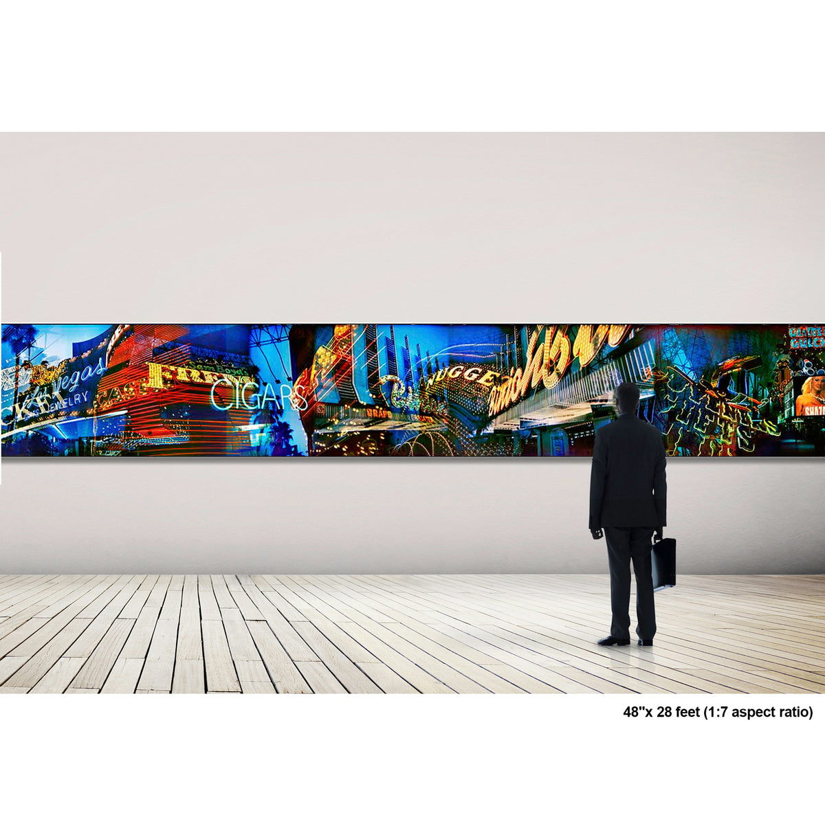 Lights of Fremont, Golden Nugget artwork by Susan Bowen, shown as 48" high acrylic print. Features panoramic multi-exposure photograph of Fremont Street, Las Vegas, layering neon signs, casino marquees, and reflections into a vibrant nocturnal composition.