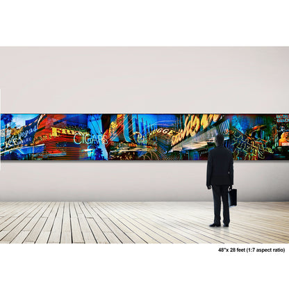 Lights of Fremont, Golden Nugget artwork by Susan Bowen, shown as 48" high acrylic print. Features panoramic multi-exposure photograph of Fremont Street, Las Vegas, layering neon signs, casino marquees, and reflections into a vibrant nocturnal composition.