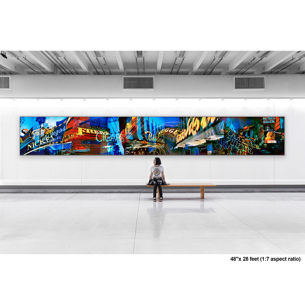 Lights of Fremont, Golden Nugget artwork by Susan Bowen, shown as 48" high acrylic print. Features panoramic multi-exposure photograph of Fremont Street, Las Vegas, layering neon signs, casino marquees, and reflections into a vibrant nocturnal composition.