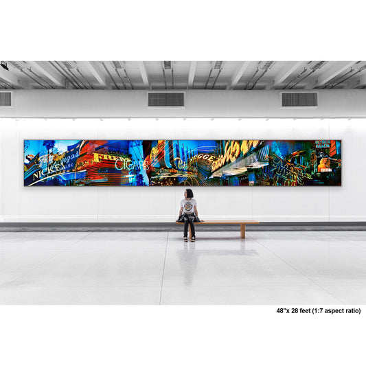 Lights of Fremont, Golden Nugget artwork by Susan Bowen, shown as 48" high acrylic print. Features panoramic multi-exposure photograph of Fremont Street, Las Vegas, layering neon signs, casino marquees, and reflections into a vibrant nocturnal composition.