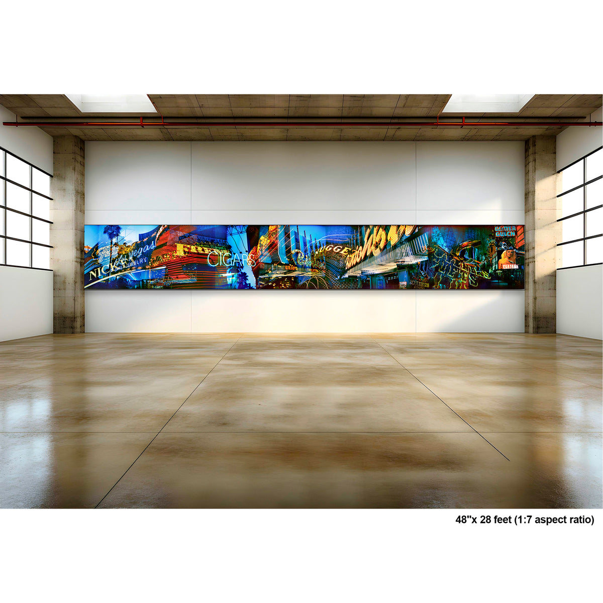 Lights of Fremont, Golden Nugget artwork by Susan Bowen, shown as 48" high acrylic print. Features panoramic multi-exposure photograph of Fremont Street, Las Vegas, layering neon signs, casino marquees, and reflections into a vibrant nocturnal composition.