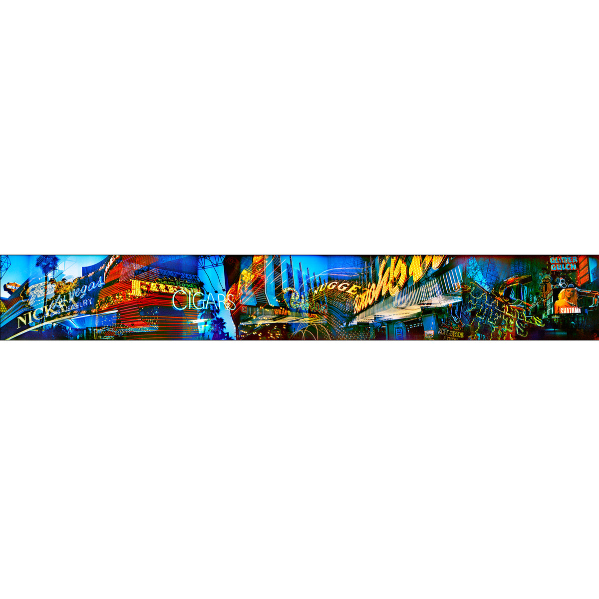 Lights of Fremont, Golden Nugget artwork by Susan Bowen. Features panoramic multi-exposure photograph of Fremont Street, Las Vegas, layering neon signs, casino marquees, and reflections into a vibrant nocturnal composition.
