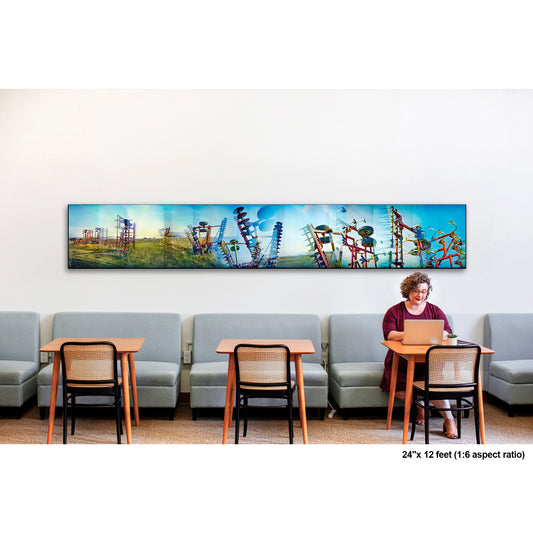 Field Silhouettes artwork by Susan Bowen, shown as 24" high acrylic print. Features panoramic multi-exposure photograph of harvester equipment in Baker, Iowa, transforming agricultural silhouettes into abstract forms against an open sky.
