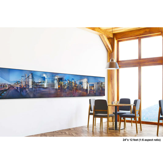 Departing G at Dusk artwork by Susan Bowen, shown as 24" high acrylic print. Features panoramic multi-exposure photograph of the G train departing Smith and 9th Street station at dusk, layering figures, motion, and urban light.