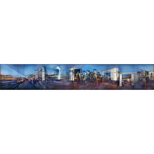 Departing G at Dusk artwork by Susan Bowen. Features panoramic multi-exposure photograph of the G train departing Smith and 9th Street station at dusk, layering figures, motion, and urban light.