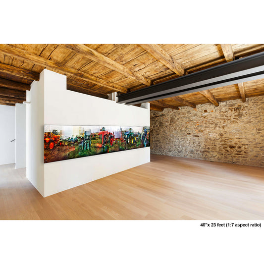 KSE Farm Equipment artwork by Susan Bowen, shown as 40" high acrylic print. Features panoramic multi-exposure photograph of vintage and modern tractors on an Indiana lot, layering vivid color and farm machinery into a dynamic rural composition.