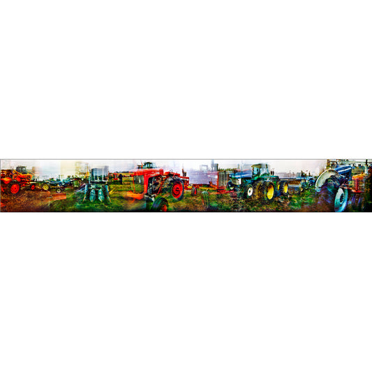 KSE Farm Equipment artwork by Susan Bowen. Features panoramic multi-exposure photograph of vintage and modern tractors on an Indiana lot, layering vivid color and farm machinery into a dynamic rural composition.