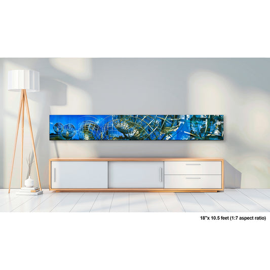 World's Fair Unisphere artwork by Susan Bowen, shown as 18" high acrylic print. Features panoramic multi-exposure photograph of the 1964 World's Fair Unisphere in Queens, NY, layering the iconic steel globe into a dreamlike, floating composition.