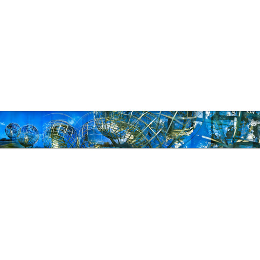 World's Fair Unisphere artwork by Susan Bowen. Features panoramic multi-exposure photograph of the 1964 World's Fair Unisphere in Queens, NY, layering the iconic steel globe into a dreamlike, floating composition.